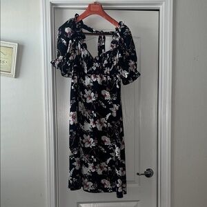 Anthropologie Black Floral Midi Dress with Puff Sleeves and Tie Back
